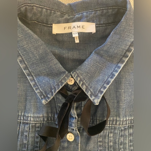 Frame Sleeveless Button Front Pintuck Tie-Neck Chambray Denim Shirt vest Blue XS - Picture 4 of 7